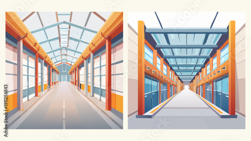 Industrial interior of a modern building with a long corridor, showcasing advanced architecture and functional design for commercial or manufacturing use