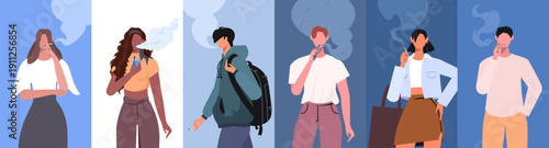 Collage illustration of men and women addicted to nicotine and tobacco, showing people smoking cigarettes and vaping. The image symbolizes harmful habits, nicotine addiction