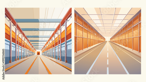 Vast Industrial Corridors with Geometric Perspective, Evoking Modern Infrastructure and Transportation Hubs