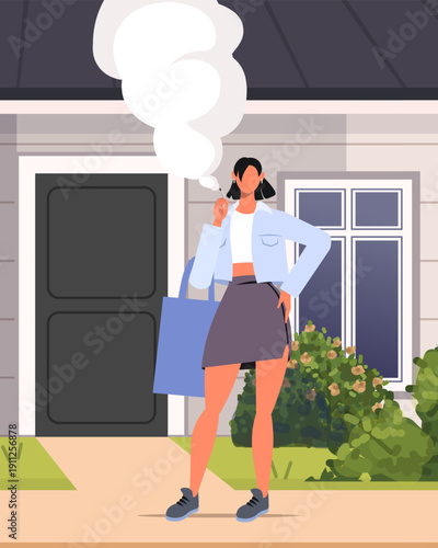 Illustration of a woman standing near a house, holding a cigarette and exhaling smoke, representing nicotine addiction. World No Tobacco Day. Vector Not AI generated