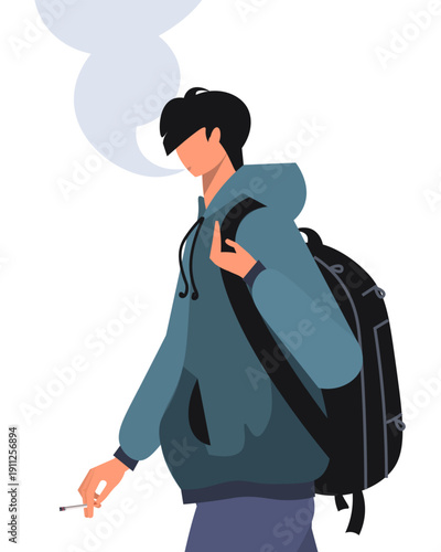 Man in casual clothes with a backpack holding smoking a cigarette in hand. Symbolizing harmful habits and nicotine addiction. Vector Not AI generated