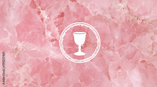 Elegant white chalice icon in a circular frame, centered on a luxurious blush pink marble texture background. Minimalist design element.