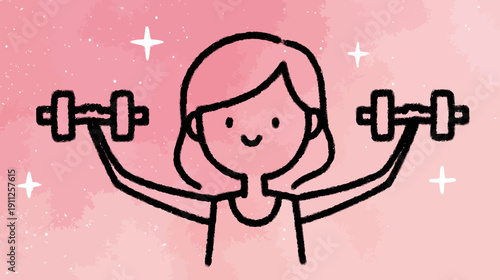 Happy Cartoon Woman Lifting Dumbbells. Simple Hand-Drawn Fitness Illustration on a Pink Sparkly Background.