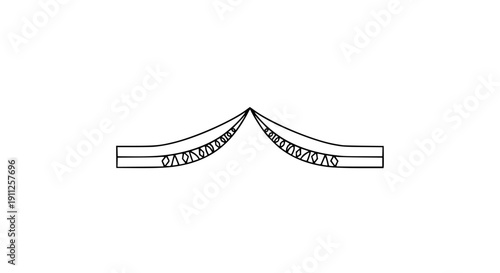 Minimalist black and white decorative border line art element featuring symmetrical draped fabric shape with geometric accent details
