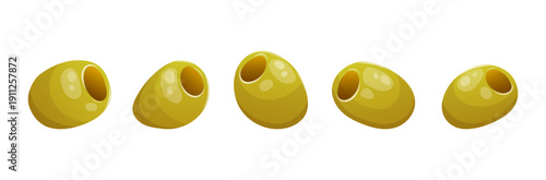 Green olives in different angles and perspectives, food ingredient set for pizza, salads, snacks, menus, packaging and culinary designs