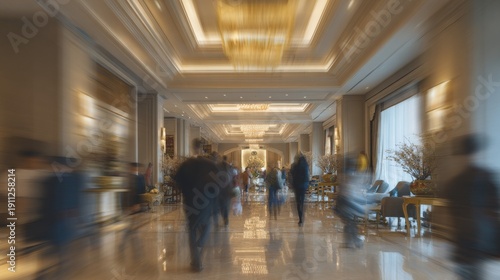 Wallpaper Mural Soft focus busy modern hotel lobby motion blur people shiny floor elegant luxury beautiful lighting fixtures expensive furniture stylish fancy fashionable trendy with copy space	 Torontodigital.ca