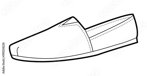 Espadrille flat shoe women single line. Minimal slip on canvas footwear for beach trip relaxed weekend look. Technical fashion illustration CAD mockup clean vector man unisex isolated modern style.