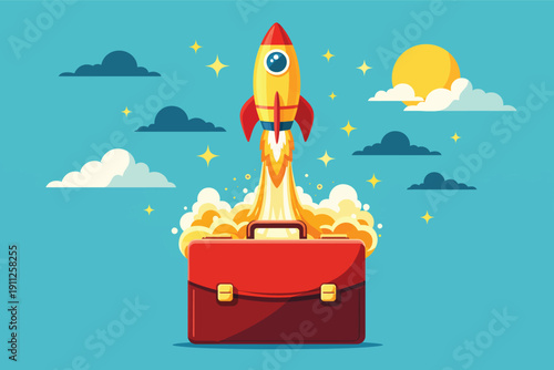 Vector illustration of a red briefcase with a yellow rocket launching upwards, smoke, stars, and sun on a blue sky background. Business startup concept.