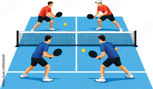 Pickleball doubles game vector illustration with four players on blue court, net, and ball, isolated on white