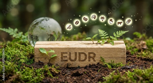 EUDR text on wooden log with environmental icons in nature. Sustainable supply chain concept for deforestation regulation compliance, ethical sourcing and forest conservation law banner