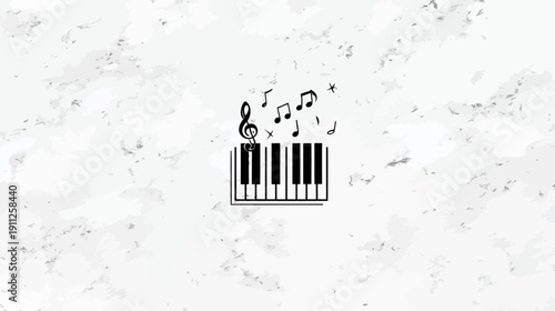 Minimalist illustration of a piano keyboard with flying music notes on a white marble background, symbolizing melody and creativity.