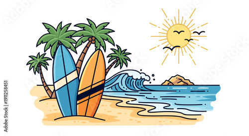 A colorful vector illustration of surfboards on a tropical beach with palm trees and a sunny sky