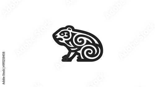 Stylized graphic illustration of a small animal with intricate decorative swirl patterns in black and white. Abstract rodent design.