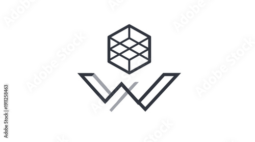 Sleek Geometric W Letter and Cubic Grid Structure Abstract Design on White Background