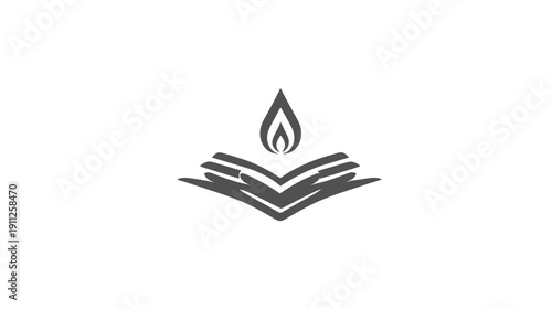 Open book with a flame icon representing education, knowledge, learning, wisdom, and inspiration. Simple graphic design.