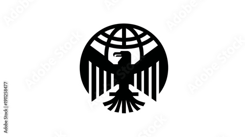 Powerful Black Eagle Emblem with Globe. Abstract Icon Symbolizing Global Power, Authority, Security, and Freedom