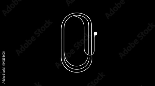 Modern abstract minimalist design: thin white lines form an elongated loop with a dot on a deep black background, representing path or flow.