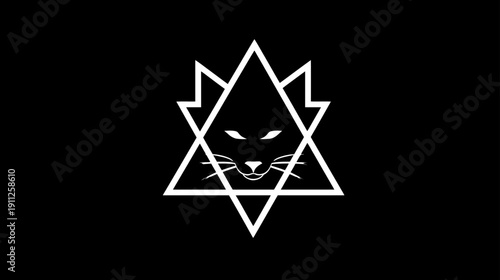 Mysterious White Line Art Geometric Star with Stylized Feline Face on Black Background, Abstract Modern Minimalist Symbol Design
