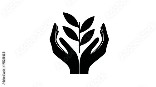 Two black hands gently holding a growing plant sprout with leaves, symbolizing nature protection, environmental care, growth, and sustainability.
