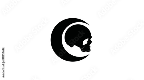 Black silhouette of a human skull combined with a crescent moon on a clean white background, gothic symbol illustration