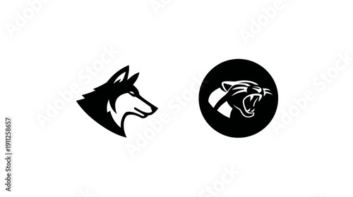 Stylized monochrome animal head logos: fierce wolf profile and roaring big cat vector illustration in a circular frame.