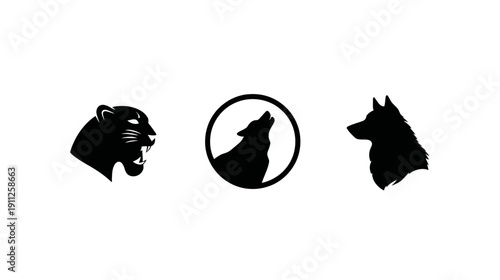 Powerful animal silhouette icons: roaring panther, howling wolf, and dog head. Vector graphics for strength and nature themes.