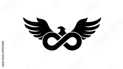 Stylized black eagle with spread wings and infinity symbol body, representing freedom, strength, and eternity in a modern graphic design