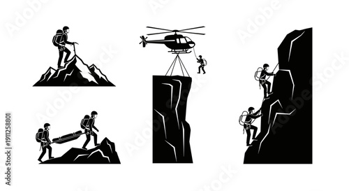 A set of black and white vector illustrations depicting mountain rescue scenes with climbers and a helicopter