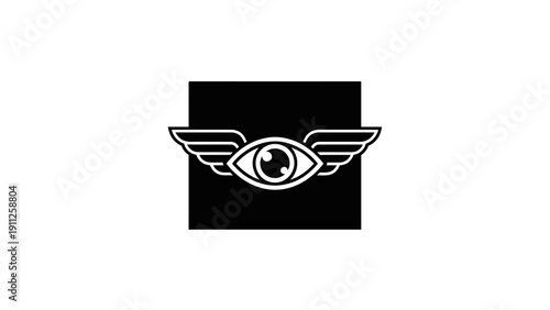 Abstract winged eye symbol on black square background. Modern graphic illustration representing vision, insight, surveillance, freedom, or creativity.