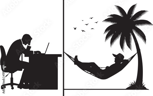 Work life balance vector silhouette, businessman working at desk vs man relaxing in hammock under palm tree, isolated on white