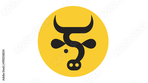 Stylized cattle head graphic design in a bright yellow circular emblem, modern minimalist farm animal icon concept