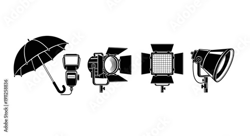 A set of photography equipment including an umbrella, softbox, and lights on a white background