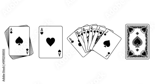 A set of playing cards in a vector graphic illustration with various suits and designs