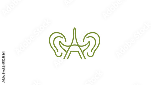Minimalist line art illustration featuring human ears symmetrically flanking a stylized abstract tower, rendered in a modern green outline.