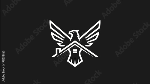 Powerful White Eagle Logo with Home Roof Silhouette on Dark Background Representing Real Estate, Security, and Freedom