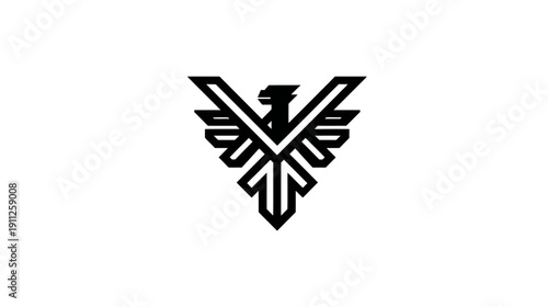 Stylized geometric eagle or phoenix logo design with abstract wings, modern and powerful black graphic on white background, vector icon