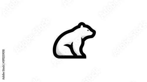 Minimalist white bear icon, graphic illustration of a sitting or crouching arctic animal with a thick black outline. Modern vector art.