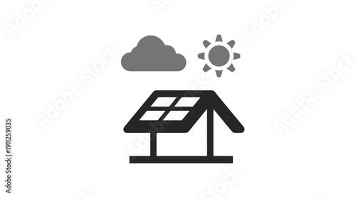 Solar panel system with sun and cloud icons representing renewable energy, weather dependency, and sustainable power generation