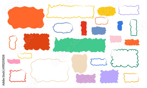 Set of colorful wavy outline banners. Curly frames and long labels for captions, quote areas and decorative callouts. Irregular contour silhouettes vector illustration.