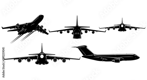 A set of five airplane silhouettes in different flight positions on a white background