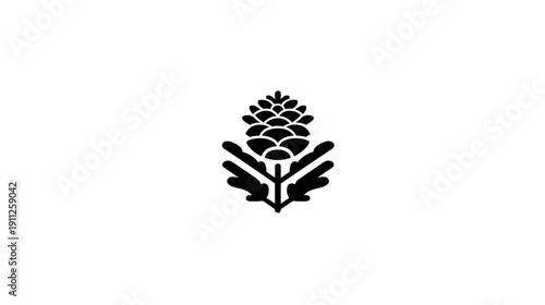 Minimalist black stylized pinecone icon with leaves, simple botanical graphic design element on white background.