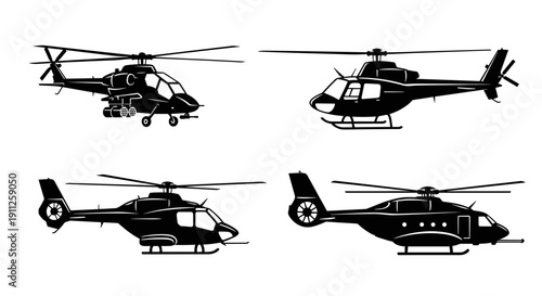 A set of four black helicopter silhouettes in different positions on a white background