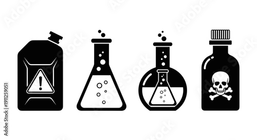 A set of four black and white vector icons depicting hazardous chemical laboratory equipment and bottles