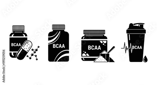 A set of four black and white vector graphics depicting BCAA supplements and accessories