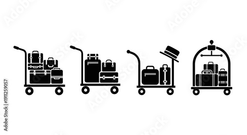A set of four black silhouette luggage carts with various suitcase and bag configurations on a white background