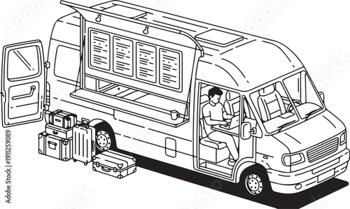 Vector line art illustration of a food truck with open doors, menu boards, and a driver, with luggage outside, isometric view, isolated on white