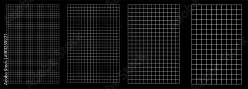 Set of simple square grid blueprints on black background in four scales from large to tiny. Thin lines form clean graph paper for engineering sketches, school math exercises technical. Versatile pack