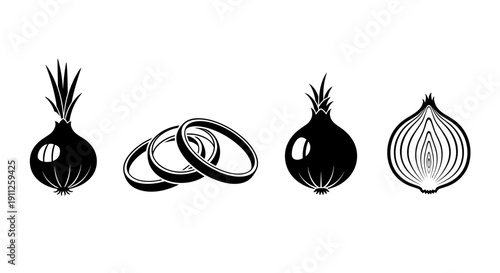 A set of four black and white onion illustrations in different stages of preparation