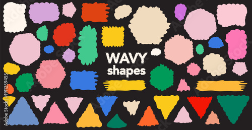 Set of Wavy organic shapes collection black background. Irregular blobby silhouettes, scalloped geometry and amoeba forms for playful branding, poster composition collage. Abstract vector illustration