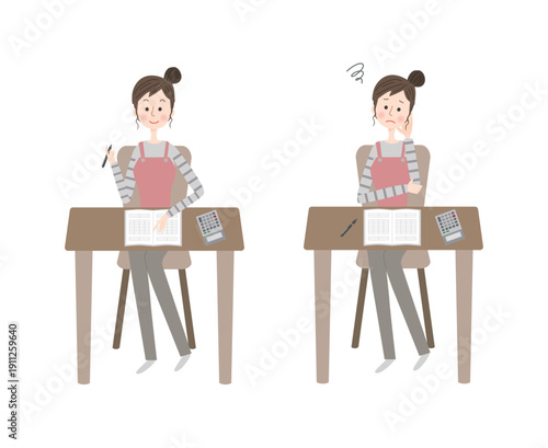 家計簿を描いている主婦のイラストセット